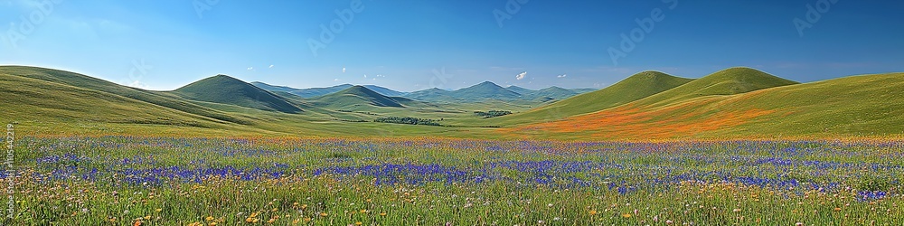 Obraz premium Panoramic view of colorful wildflower fields and rolling hills.