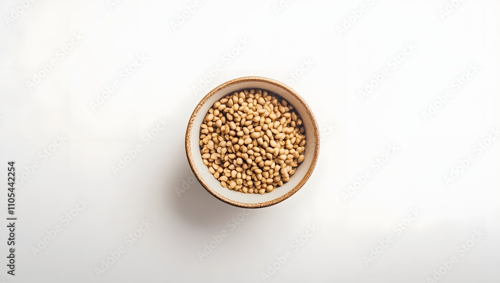 A small bowl filled with light brown seeds sits on a white background. The neutral tones and simple composition create a clean and minimalist aesthetic. A small bowl filled with light brown seeds sits on a white background. The neutral tones and simple composition create a clean and minimalist aesthetic.
