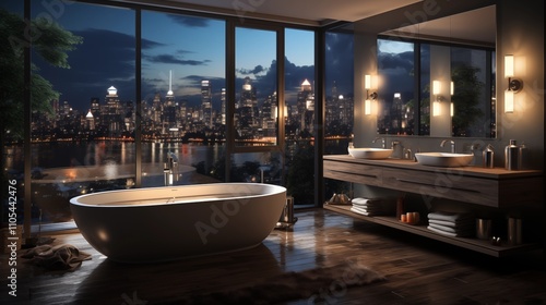 A luxurious modern bathroom with a stunning city view at night. Clean lines and ambient lighting create an upscale feel. photo