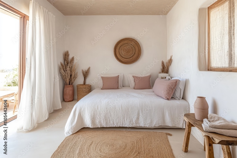 Fototapeta premium Cozy minimalist bedroom with rustic accents and neutral tones.