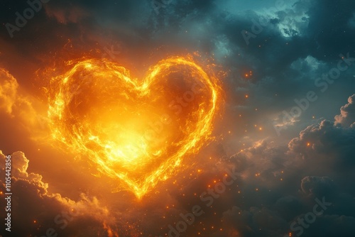 A heart made of fire is floating in the sky