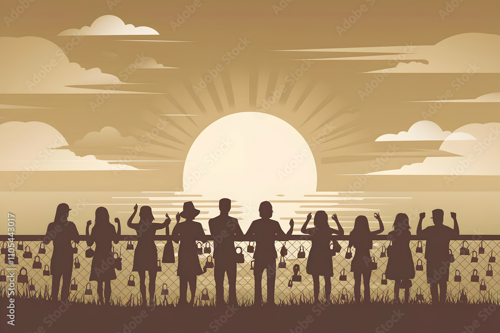 Fototapeta premium Silhouetted figures by a fence adorned with locks, watching golden sunset