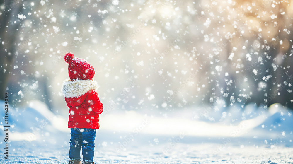 A child with a red hat enjoying the first snowfall of the year, standing in a snowy park. A child with a red hat enjoying the first snowfall of the year, standing in a snowy park.