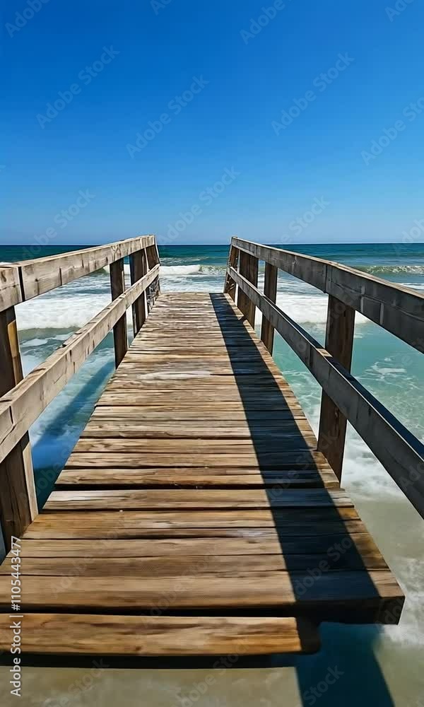 A wooden pier extends over sandy beach waves under a clear blue sky, inviting relaxation and exploration. A wooden pier extends over sandy beach waves under a clear blue sky, inviting relaxation and exploration.