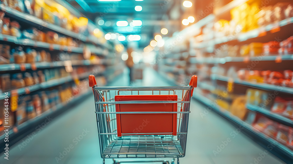 Empty Shopping Cart in Supermarket Aisle, Blurred Shelves with Products, Grocery Store Background Empty Shopping Cart in Supermarket Aisle, Blurred Shelves with Products, Grocery Store Background