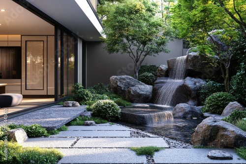 Wallpaper Mural A large rock waterfall is in a garden with a stone path leading to it Torontodigital.ca