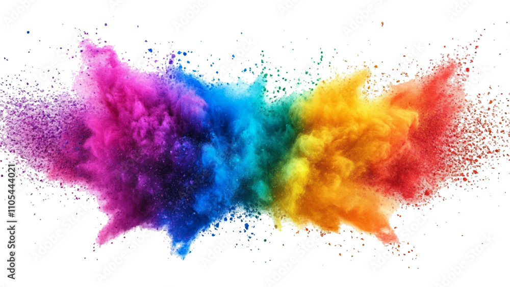 Colorful powder explosion isolated on white background. An explosion of colorful powder is spreading on a white surface beneath. A colorful explosion powder white background. Colorful powder explosion isolated on white background. An explosion of colorful powder is spreading on a white surface beneath. A colorful explosion powder white background.