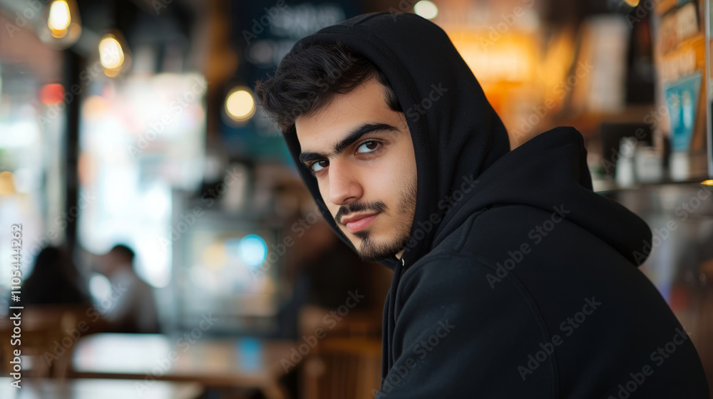 Young man in black hoodie at a cozy urban cafe Young man in black hoodie at a cozy urban cafe
