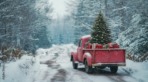 A red truck is parked on a snowy road with a Christmas tree in the back