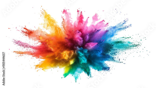 Multicolored powder explosion isolated on white background. An explosion of colorful powder is spreading on a white surface beneath. A colorful explosion powder white background.
