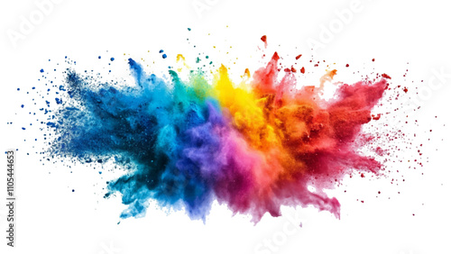 Colorful powder explosion isolated on white background. An explosion of colorful powder is spreading on a white surface beneath. A colorful explosion powder white background.	