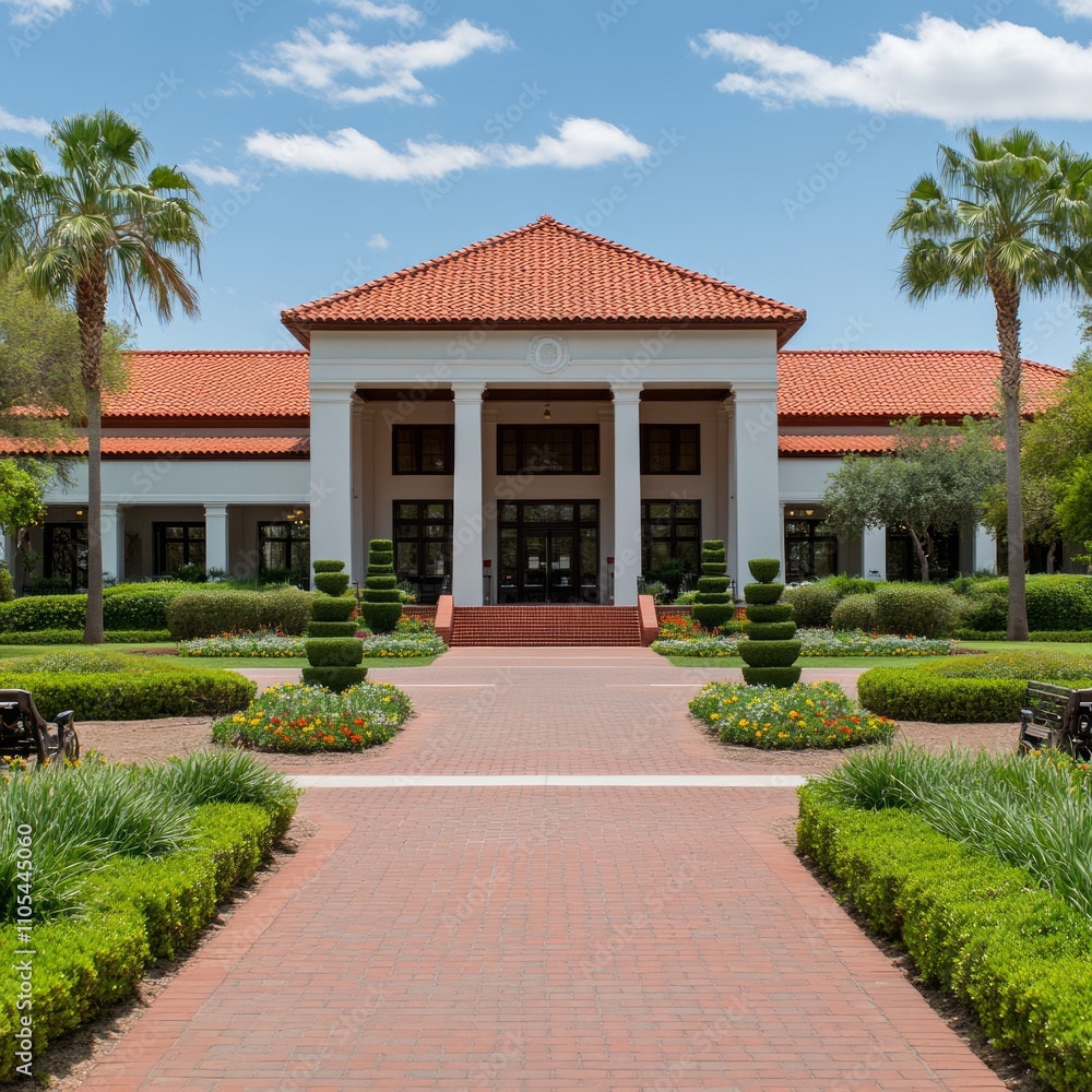 Obraz premium Elegant white building with red tile roof, symmetrical landscaping, and brick pathway.