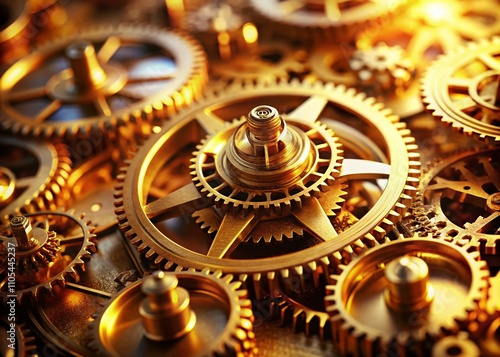 Abstract Representation of Camera Zooming into a Gold Gear within a Machine, Highlighting Industrial Mechanics and Precision Engineering in a Tilt-Shift Photography Style