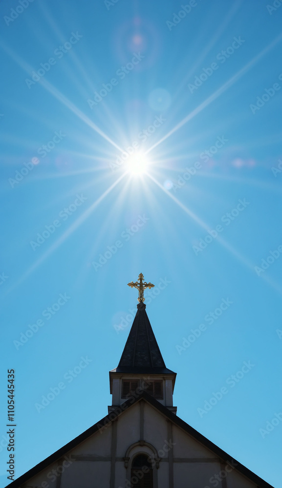 Cross on church steeple with bright sunlight in clear blue sky, easter Cross on church steeple with bright sunlight in clear blue sky, easter