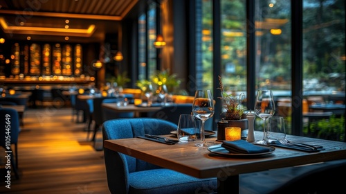 Contemporary modern restaurant with sleek design and elegant dining, ideal for promoting high-end dining experiences