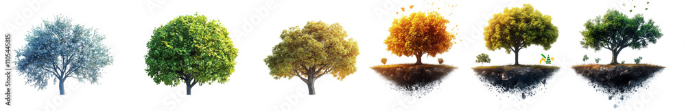 Illustration of trees in different seasons on floating islands Illustration of trees in different seasons on floating islands