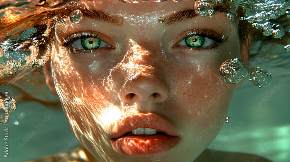 Submerged Beauty: A Freckled Face with Emerald Eyes Gazes Upward, Sunlight Dapples Skin Through Water, Air Bubbles Dance Around. Submerged Beauty: A Freckled Face with Emerald Eyes Gazes Upward, Sunlight Dapples Skin Through Water, Air Bubbles Dance Around.