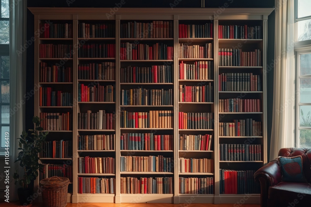 Large bookshelf filled with many books. Various colors, sizes of books neatly arranged on shelves. Sunlight streams into room books. Cozy room with comfortable armchair near window. Plant near Large bookshelf filled with many books. Various colors, sizes of books neatly arranged on shelves. Sunlight streams into room books. Cozy room with comfortable armchair near window. Plant near