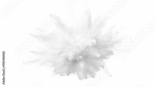 White powder explosion, isolated on white background. Bright white paint color powder explosion. Abstract gray and white explosion powder background texture. 