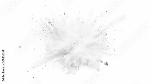 White powder explosion, isolated on white background. Bright white paint color powder explosion. Abstract gray and white explosion powder background texture. 