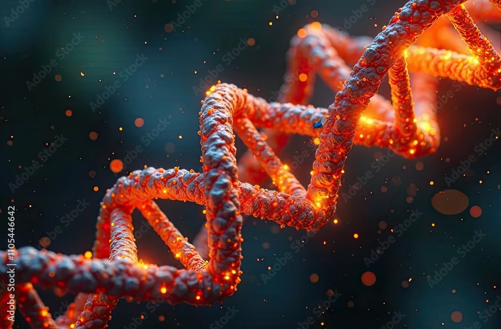 A close-up of a glowing DNA strand with vibrant orange light illuminating its intricate structure, surrounded by floating particles, symbolizing life and scientific discovery A close-up of a glowing DNA strand with vibrant orange light illuminating its intricate structure, surrounded by floating particles, symbolizing life and scientific discovery