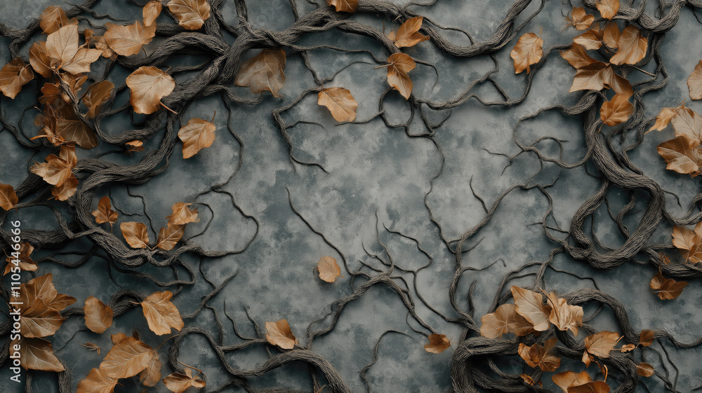 Generative AI illustration showing top view of transparent dry leaves with tentacle network spread over grey surface of autumn forest Generative AI illustration showing top view of transparent dry leaves with tentacle network spread over grey surface of autumn forest