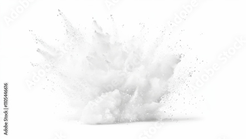 White powder explosion, isolated on white background. Bright white paint color powder explosion. Abstract gray and white explosion powder background texture. 