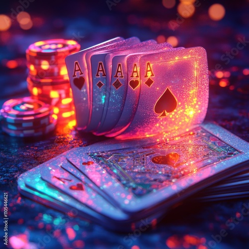 A deck of cards with glitter on them and a pile of chips photo