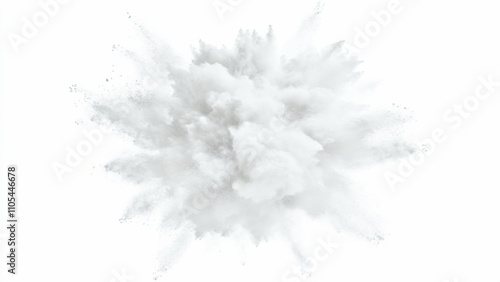 White powder explosion, isolated on white background. Bright white paint color powder explosion. Abstract gray and white explosion powder background texture. 