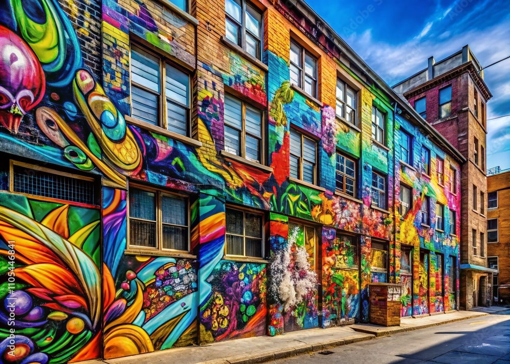 Naklejka premium Abstract Urban Graffiti Banner Design - An Intricate Illustration on a Building with Dynamic Colors and Patterns for a Modern Abstract Background