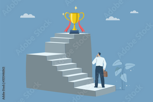 Businessman looking at trophy on stairs, Ladder to business success, Career advancement or growth, Inspiration and ambition to achieve success, Flat vector design illustration.