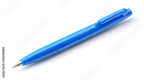 A single blue plastic pen isolated on white background.