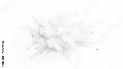 Bright white paint color powder explosion. Gray powder explosion with dark colors isolated white background. Abstract powder splatted on white background, freeze motion of black powder exploding.