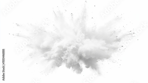 Bright white paint color powder explosion. Gray powder explosion with dark colors isolated white background. Abstract powder splatted on white background, freeze motion of black powder exploding.