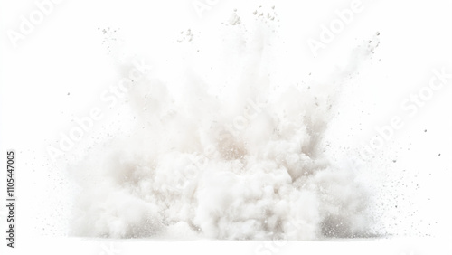 Bright white paint color powder explosion. Gray powder explosion with dark colors isolated white background. Abstract powder splatted on white background, freeze motion of black powder exploding.