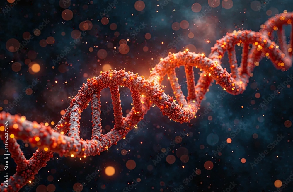 A vibrant DNA strand glows with bright orange lights, floating amidst dynamic particles, symbolizing the intricate beauty and complexity of genetic science and molecular biology A vibrant DNA strand glows with bright orange lights, floating amidst dynamic particles, symbolizing the intricate beauty and complexity of genetic science and molecular biology