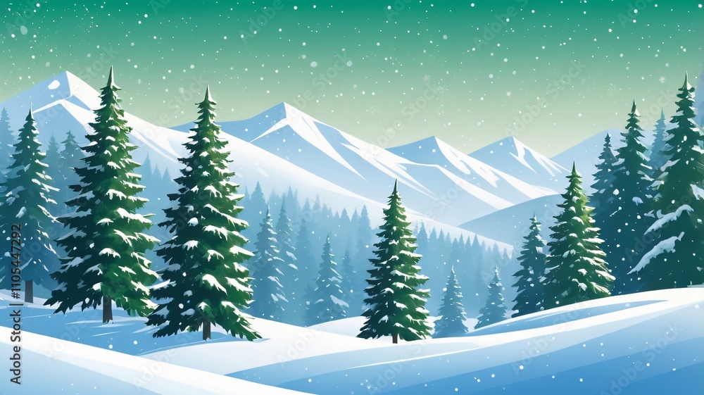 Snowy Mountain Winter Landscape Frosty Pines Falling Snow Snowy Mountain Winter Landscape Frosty Pines Falling Snow