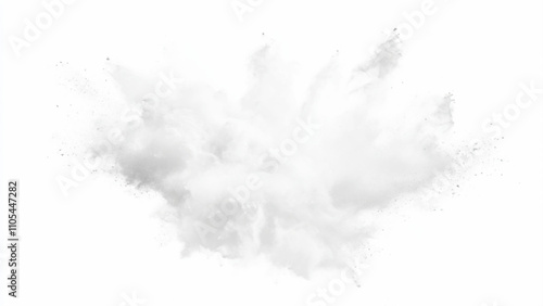 Bright white paint color powder explosion. Gray powder explosion with dark colors isolated white background. Abstract powder splatted on white background, freeze motion of black powder exploding.