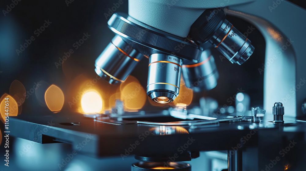 Detailed view of modern microscope in scientific research laboratory Detailed view of modern microscope in scientific research laboratory