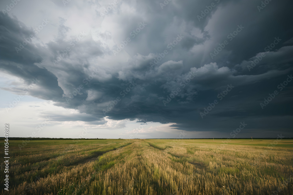Vast field of golden grasses contrasts against dark, ominous storm clouds above Vast field of golden grasses contrasts against dark, ominous storm clouds above