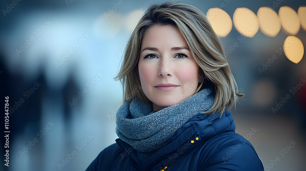 Portrait of a Woman in a Blue Winter Jacket Serene and Confident in an Urban Setting Portrait of a Woman in a Blue Winter Jacket Serene and Confident in an Urban Setting