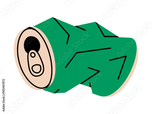 Hand drawn cute cartoon illustration of crumpled soda can. Flat vector recycling metal trash or environmental pollution doodle style. Crushed beverage tin sticker or icon. Waste sorting. Isolated.