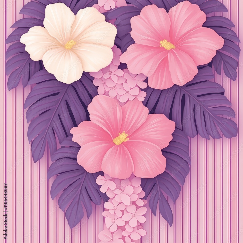 Fototapeta premium Pink and white hibiscus flowers with purple leaves on striped background.