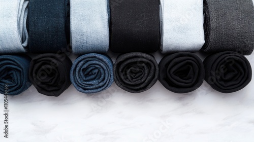 Jeans texture and comfortable concept, A neatly arranged collection of rolled denim fabrics in various shades, showcasing a blend of textures and colors.