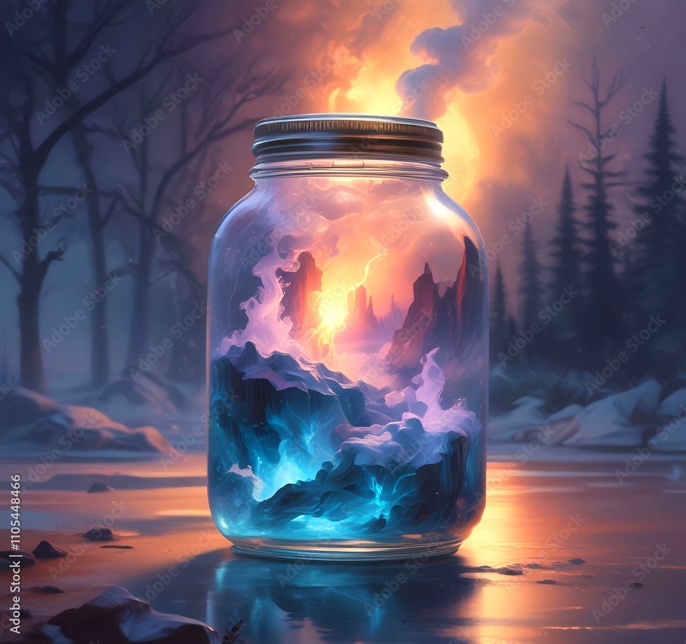 Illustration of glowing and magic dramatic smoke in jar with water reflection. Illustration of glowing and magic dramatic smoke in jar with water reflection.