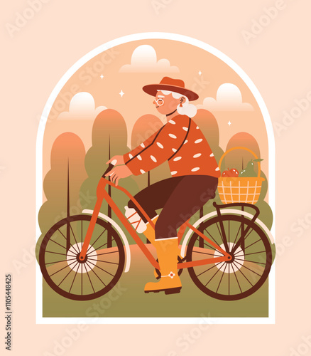 Senior woman farmer worker rides on bicycle with basket full of fruits. Naive illustration with cute old female person in hat and boots. Harvesting, harvest time. Autumn season. Happy active old age.