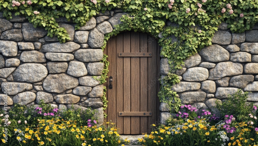 3D Cartoon Render of Stone Wall with Wooden Door Surrounded by Wildflowers and Ivy 3D Cartoon Render of Stone Wall with Wooden Door Surrounded by Wildflowers and Ivy