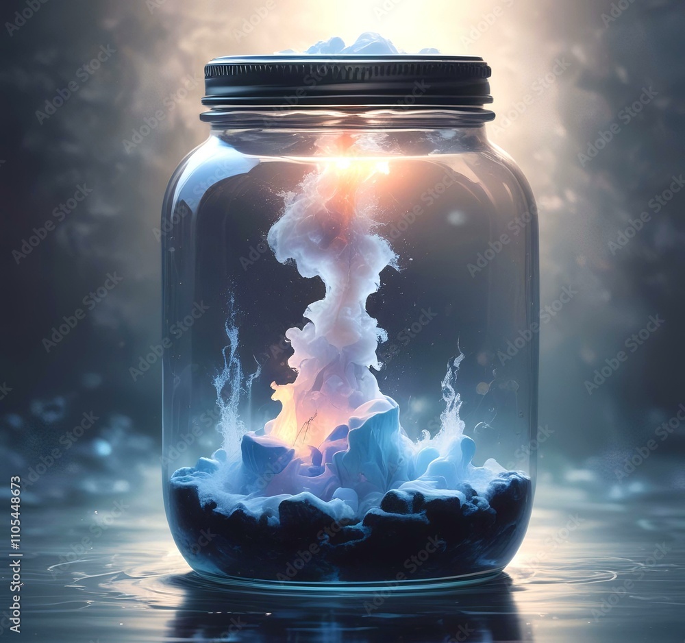 Illustration of glowing and magic dramatic smoke in jar with water reflection. Illustration of glowing and magic dramatic smoke in jar with water reflection.