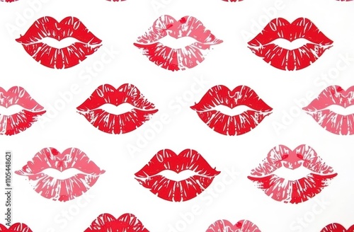 Creative pattern made with red kisses on white background. Romantic fashion concept with kiss print and lipstick. Makeup or Valentines day idea.