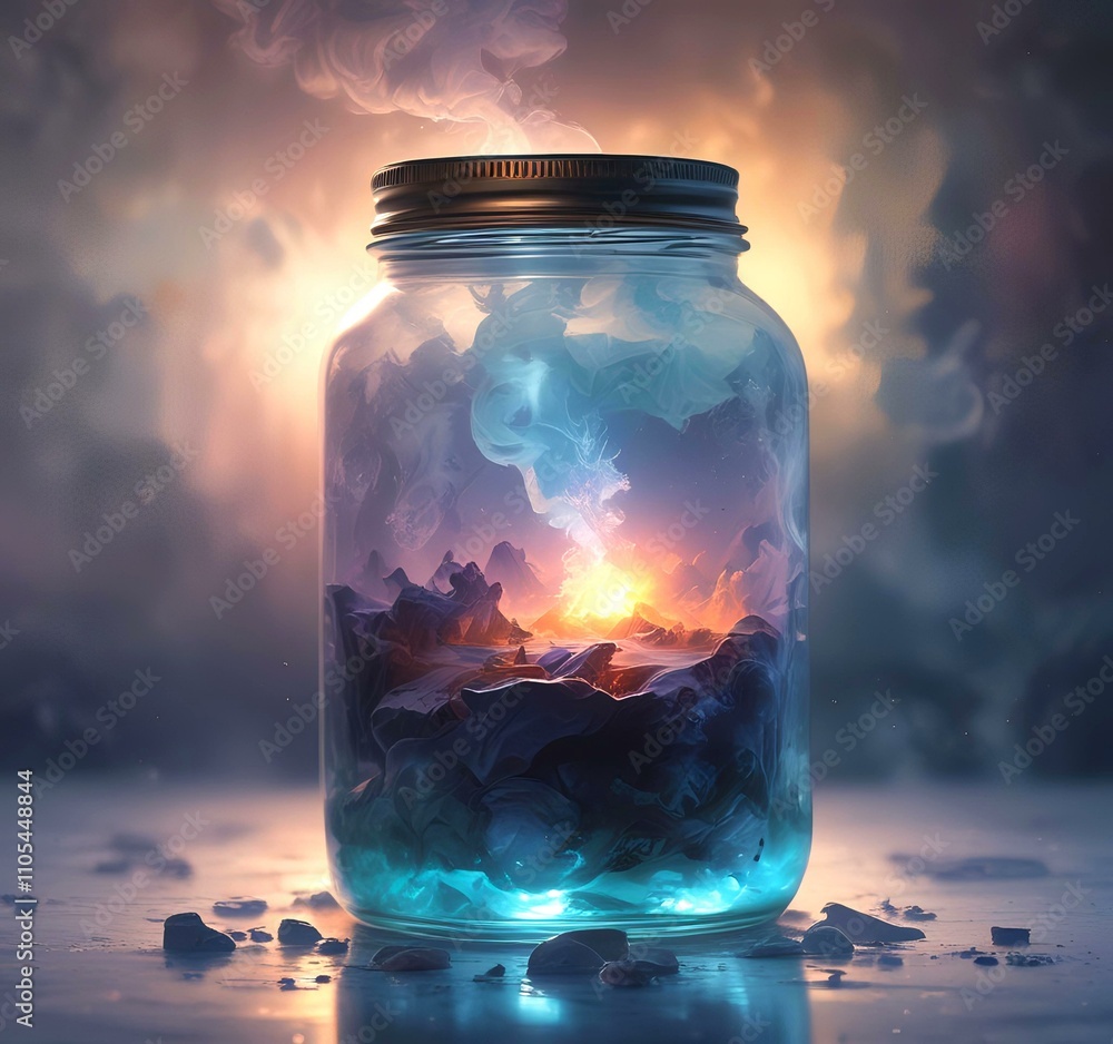 Illustration of glowing and magic dramatic smoke in jar with water reflection. Illustration of glowing and magic dramatic smoke in jar with water reflection.
